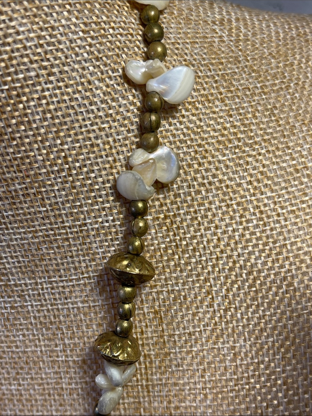 Vintage brass bead necklace w/ natural mother of pearl chips & carved pendant - Picture 4 of 5